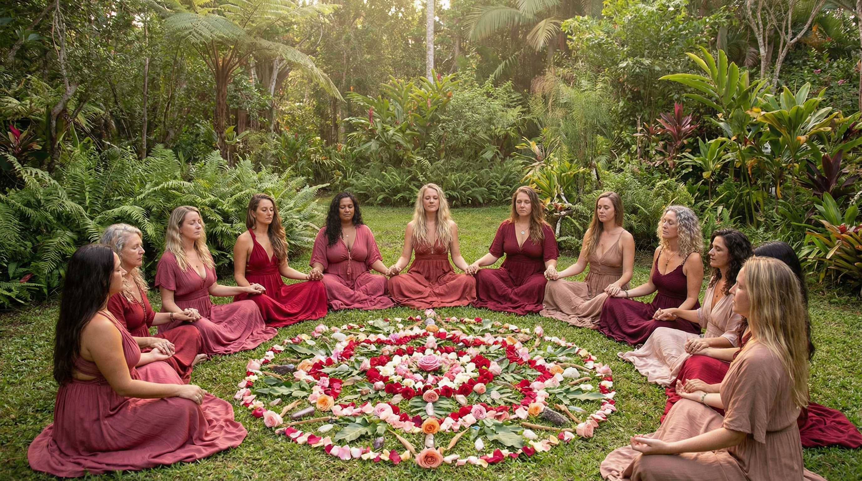 Priestesses in circle with rose mandala in lush garden - the Rose Lineage embodied