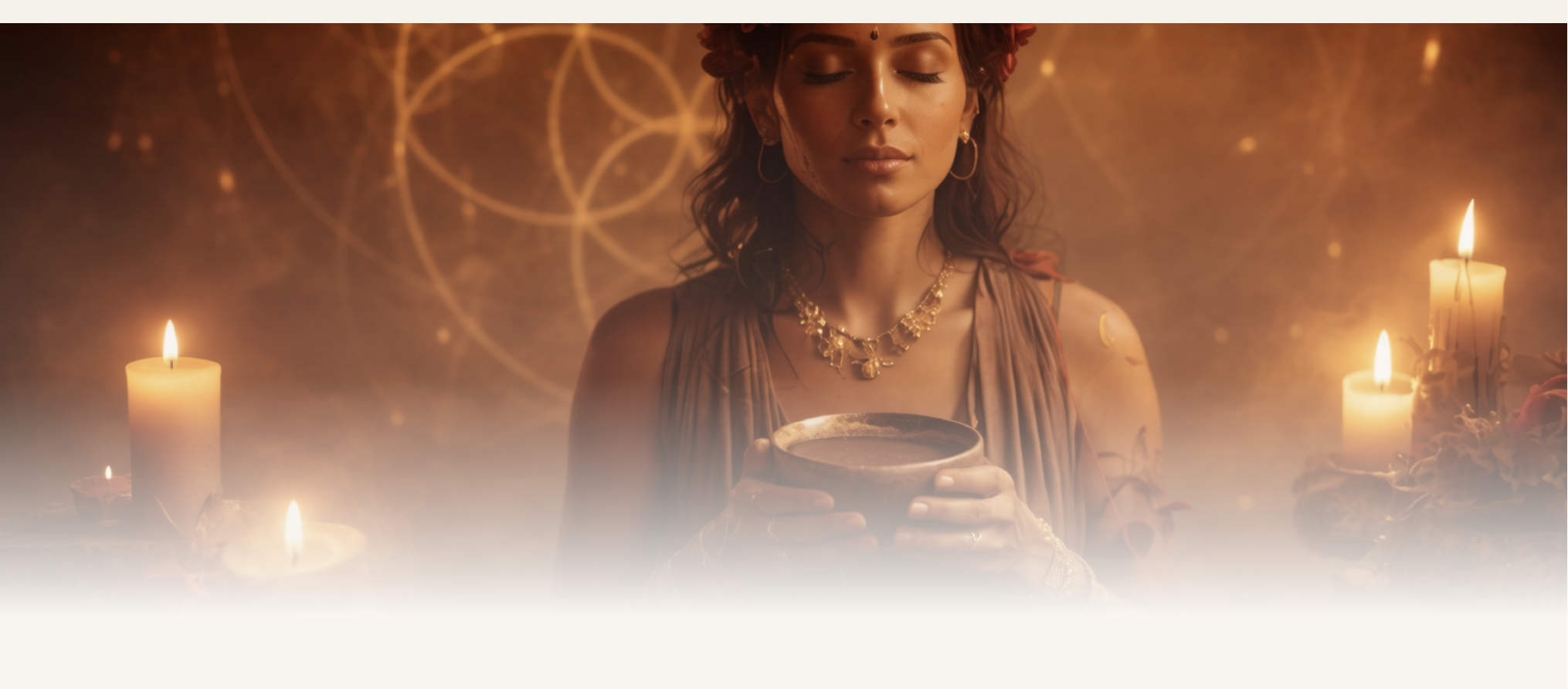 Sacred Tantric Priestess in ceremony with cacao, surrounded by candlelight and roses with sacred geometry